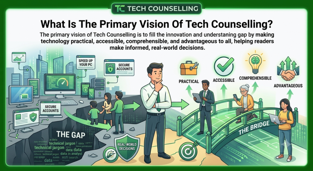 The primary vision of Tech Counselling is to fill the innovation and understanding gap by making technology practical, accessible, comprehensible, and advantageous to all, helping readers make informed, real-world decisions.
