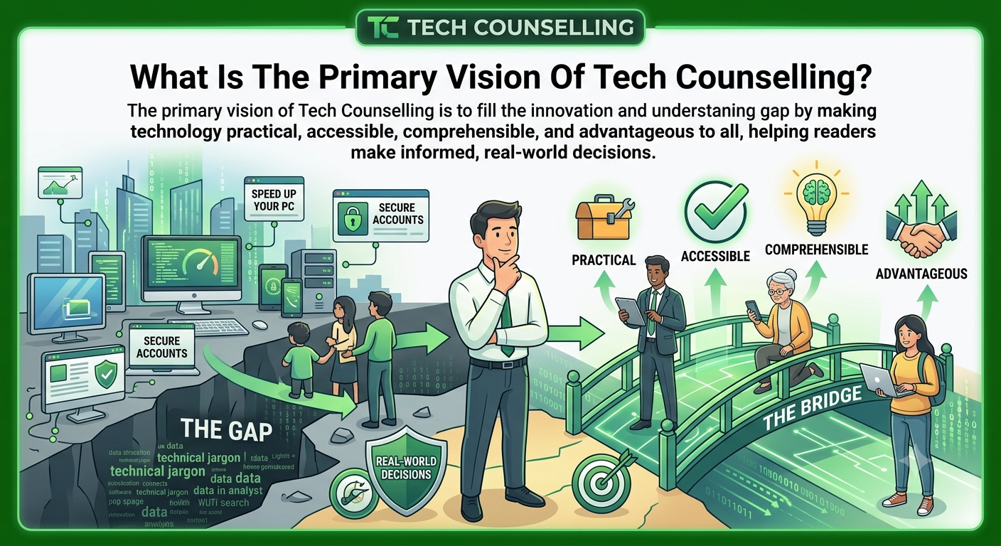 The primary vision of Tech Counselling is to fill the innovation and understanding gap by making technology practical, accessible, comprehensible, and advantageous to all, helping readers make informed, real-world decisions.
