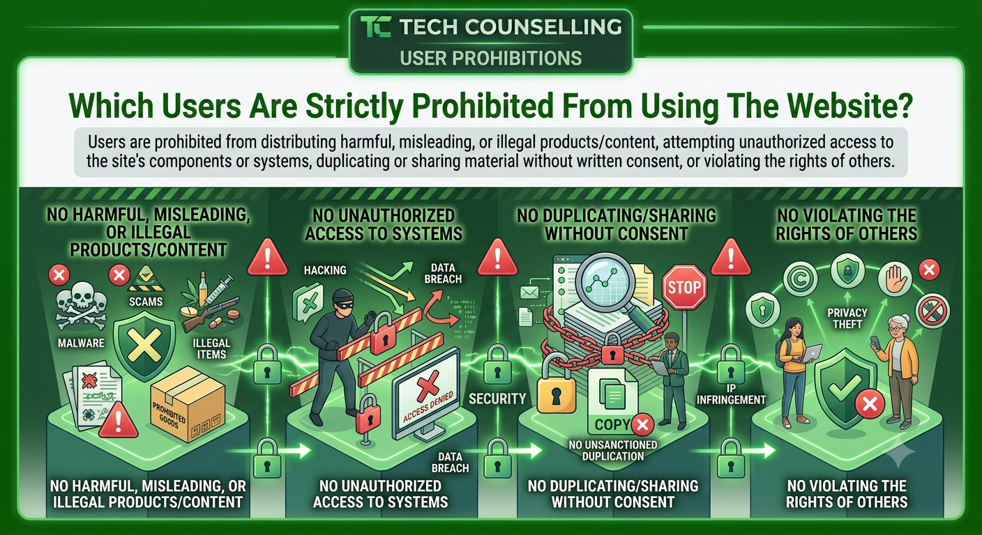 Users are prohibited from distributing harmful, misleading, or illegal products/content, attempting unauthorized access to the site's components or systems, duplicating or sharing material without written consent, or violating the rights of others.
